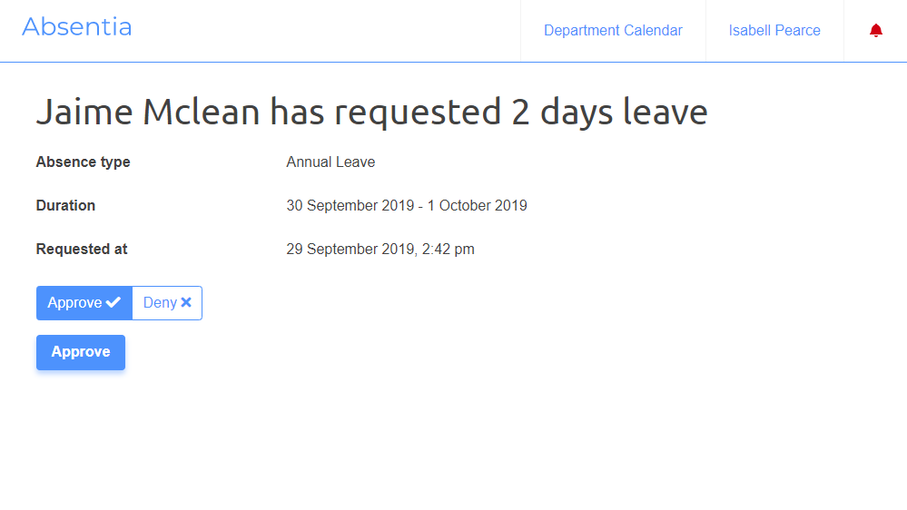 Absence approval screen