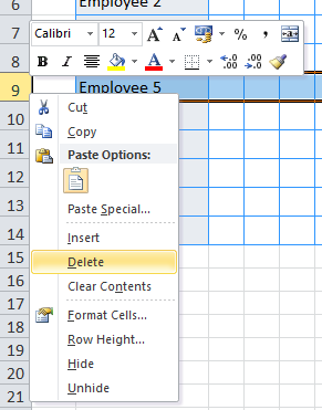 Deleting a row in Excel