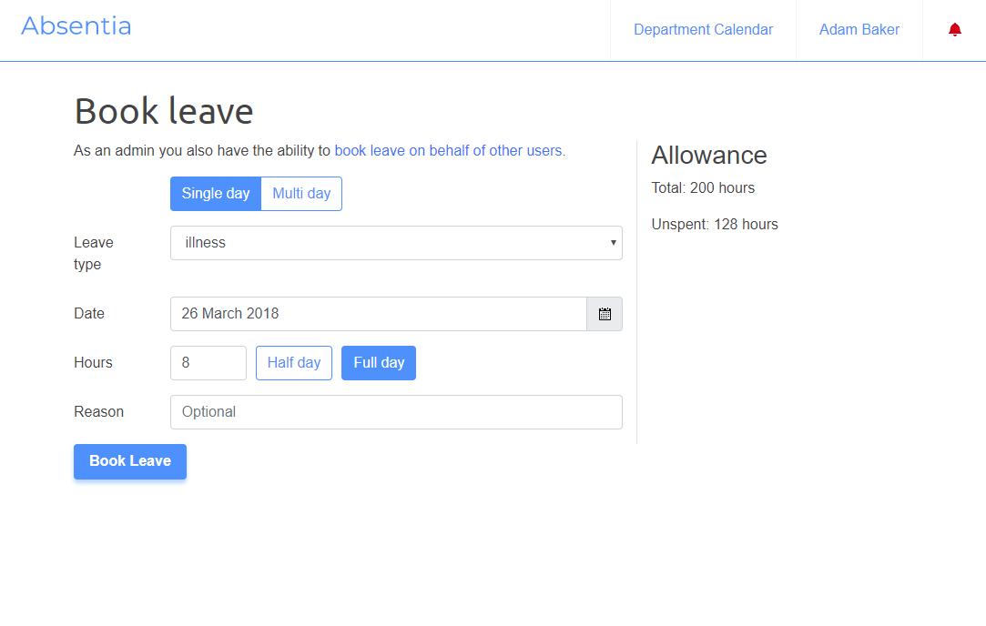 Booking screen leave planner